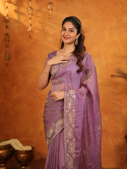 Lavender Purple Fendy Satin Embroidered Saree with Geometric Border & Elegant Designer Pallu | Festive & Wedding Wear Saree with Blouse