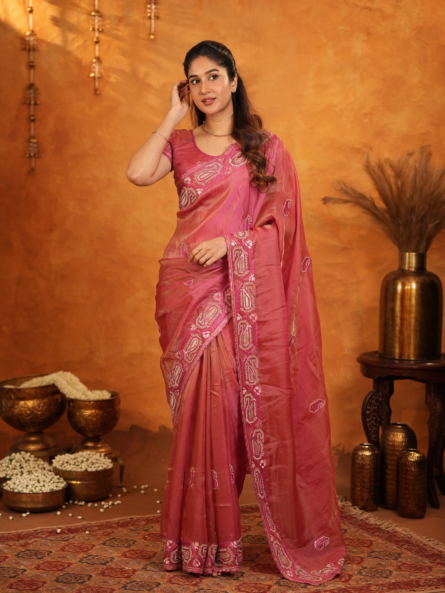 Rose Pink Fendy Satin Embroidered Saree with Geometric Border & Elegant Designer Pallu | Festive & Wedding Wear Saree with Blouse