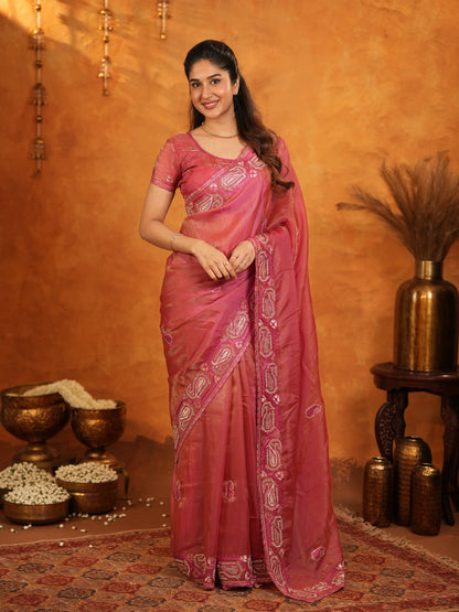 Rose Pink Fendy Satin Embroidered Saree with Geometric Border & Elegant Designer Pallu | Festive & Wedding Wear Saree with Blouse