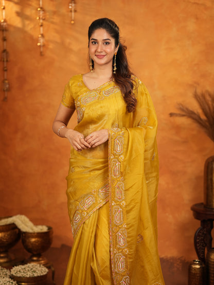 Mustard Yellow Fendy Satin Embroidered Saree with Geometric Border & Rich Designer Pallu | Festive Wedding Wear Saree with Blouse