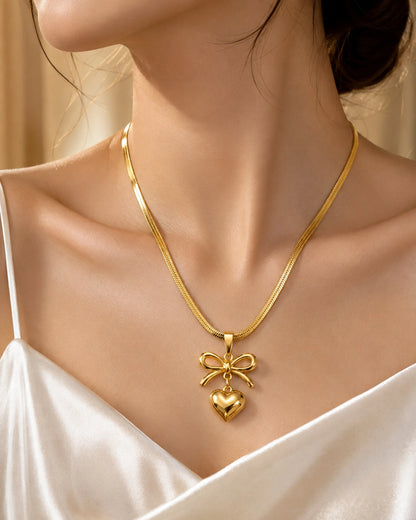 Elegant Bow Heart Pendant Necklace Gold-plated Plated Stainless Steel Necklace