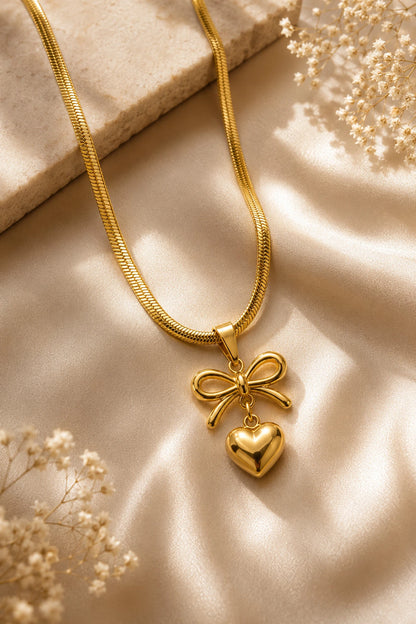 Elegant Bow Heart Pendant Necklace Gold-plated Plated Stainless Steel Necklace