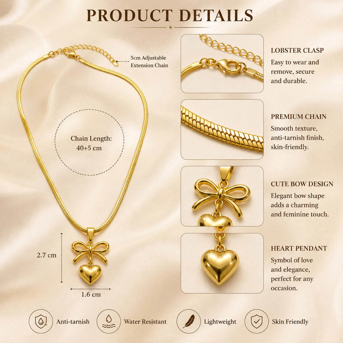 Elegant Bow Heart Pendant Necklace Gold-plated Plated Stainless Steel Necklace