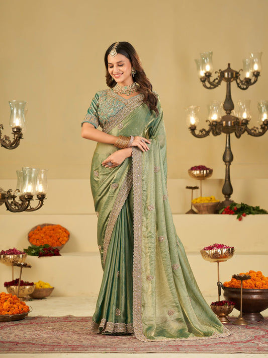 Sea Green Designer Fendy Satin Saree with Heavy Embroidered Blouse & Sequin Border | Premium Wedding Party Wear Saree