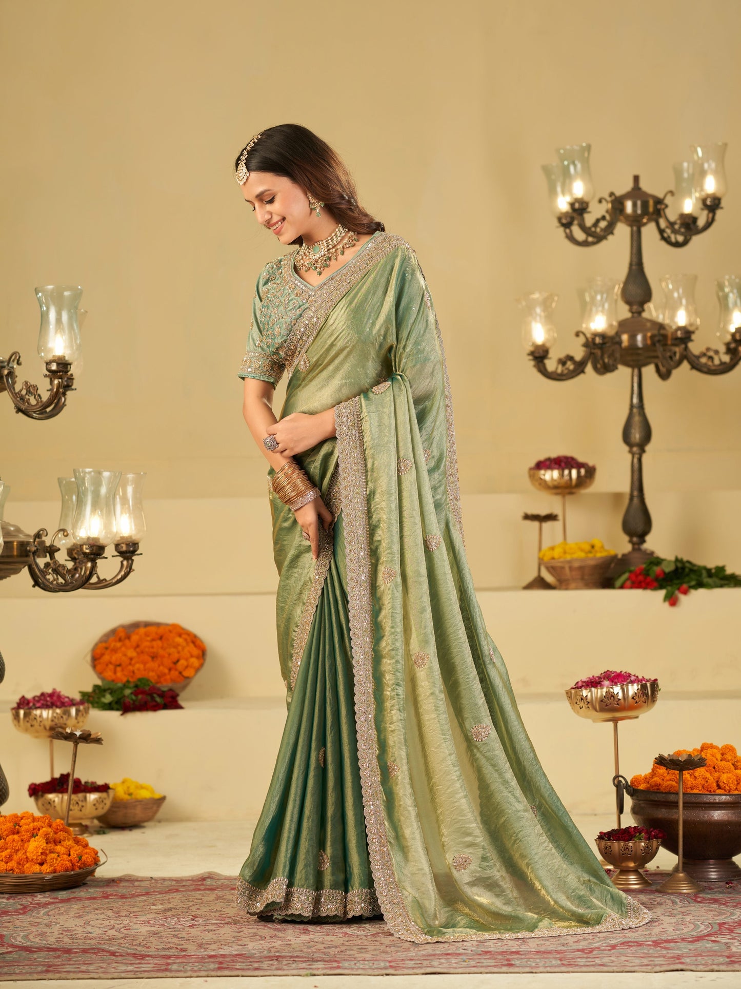 Sea Green Designer Fendy Satin Saree with Heavy Embroidered Blouse & Sequin Border | Premium Wedding Party Wear Saree