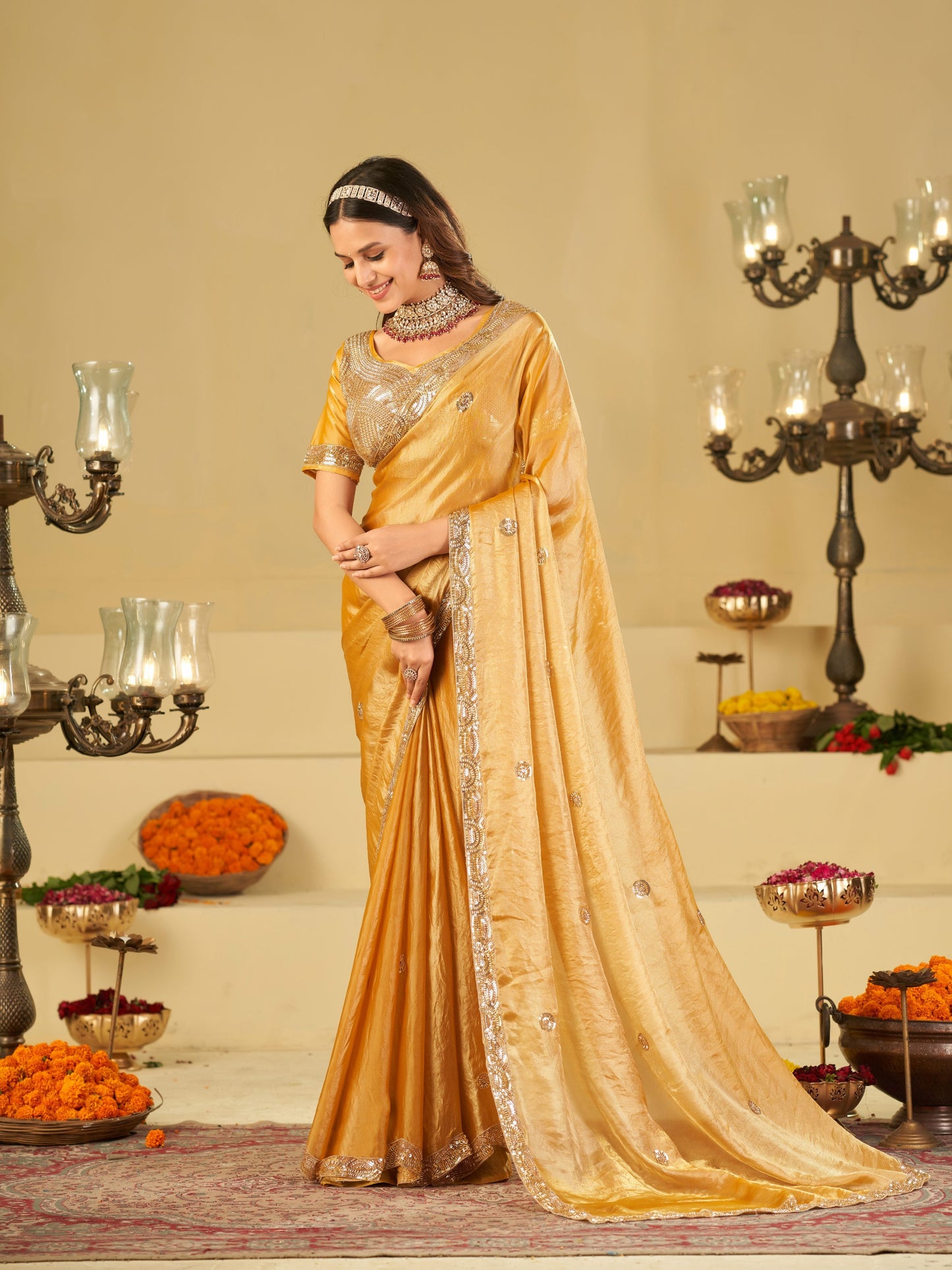 Mustard Yellow Designer Fendy Satin Saree with Heavy Embroidered Blouse & Sequin Border | Premium Wedding Party Wear Saree