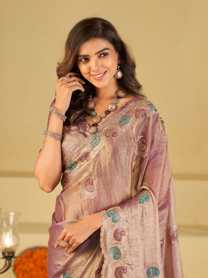 Lavender Designer Fendy Satin Saree with Multicolor Paisley Embroidery & Heavy Embroidered Border | Elegant Festive Party Wear Saree
