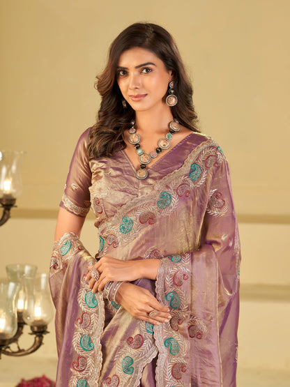 Lavender Designer Fendy Satin Saree with Multicolor Paisley Embroidery & Heavy Embroidered Border | Elegant Festive Party Wear Saree