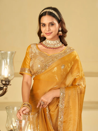 Mustard Yellow Designer Fendy Satin Saree with Heavy Embroidered Blouse & Sequin Border | Premium Wedding Party Wear Saree