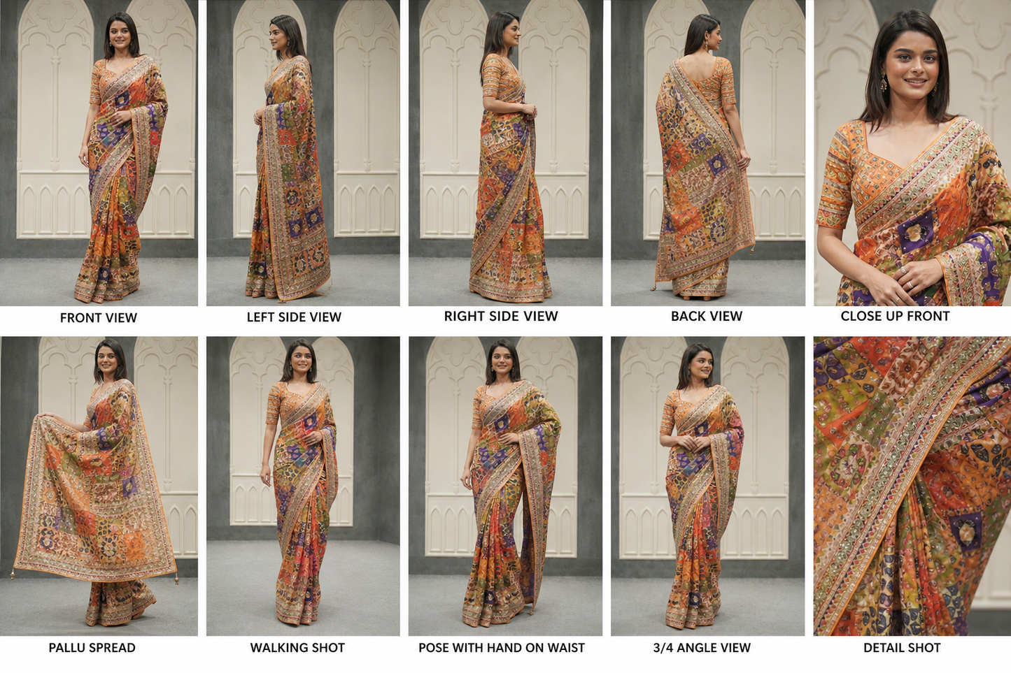 Patchwork Printed Saree with Heavy Border Saree (orange 1)