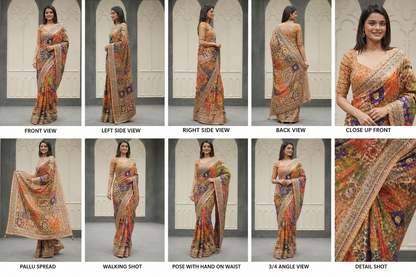 Patchwork Printed Saree with Heavy Border Saree (orange 1)