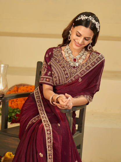 Wine Purple Designer Fendy Satin Saree with Heavy Embroidered Blouse & Zari Border | Premium Wedding & Festive Wear Saree