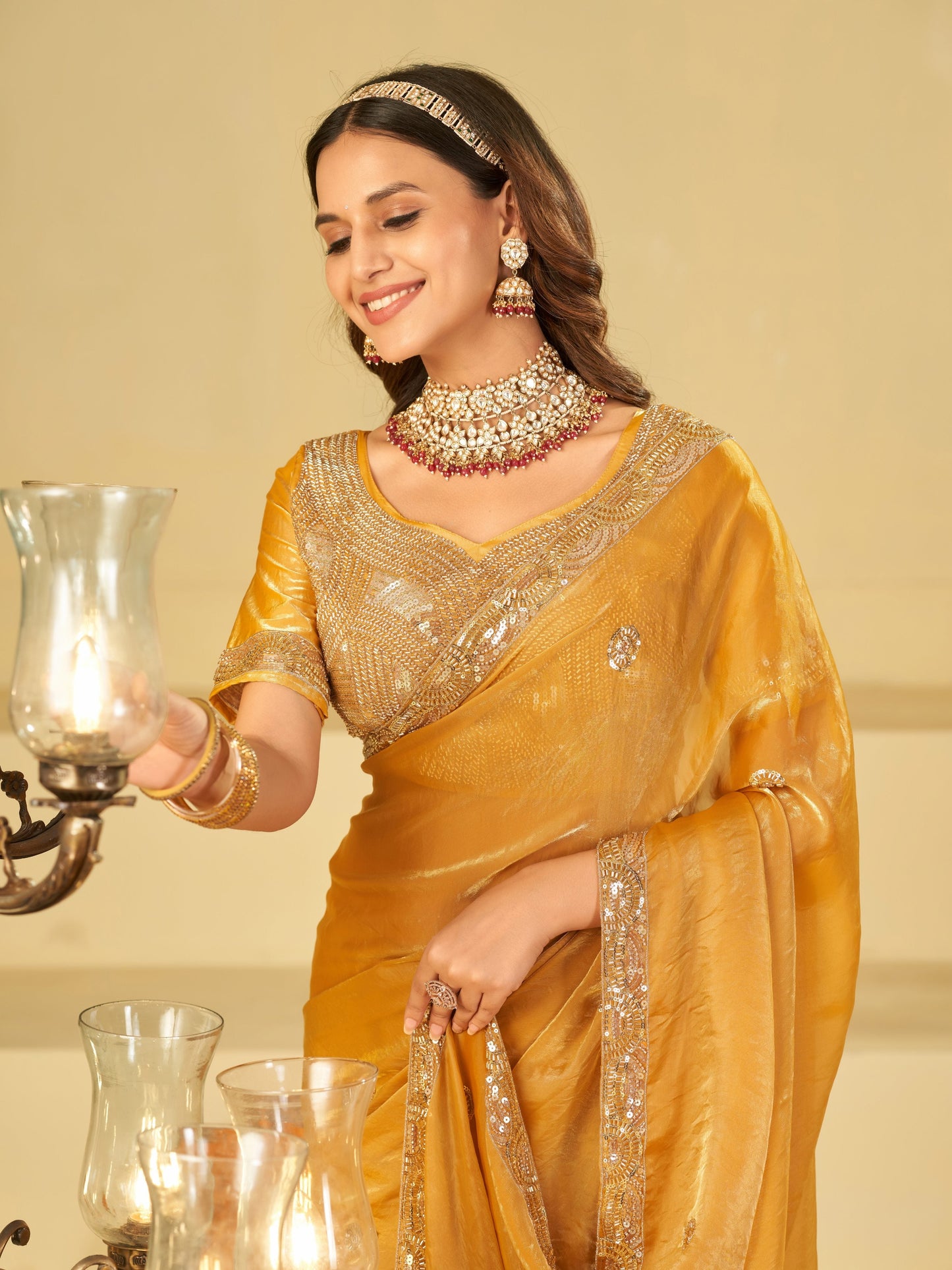 Mustard Yellow Designer Fendy Satin Saree with Heavy Embroidered Blouse & Sequin Border | Premium Wedding Party Wear Saree