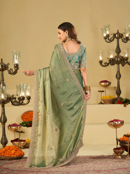 Sea Green Designer Fendy Satin Saree with Heavy Embroidered Blouse & Sequin Border | Premium Wedding Party Wear Saree