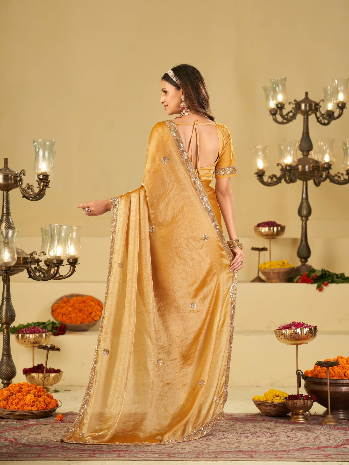 Mustard Yellow Designer Fendy Satin Saree with Heavy Embroidered Blouse & Sequin Border | Premium Wedding Party Wear Saree