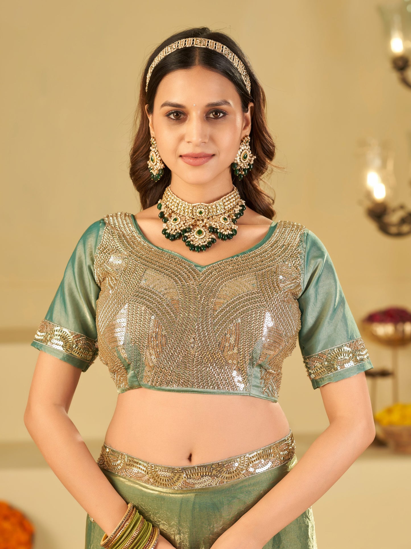 Sage Green Dual Tone Designer Fendy Satin Saree with Heavy Embroidered Blouse & Sequin Border | Premium Wedding Party Wear Saree