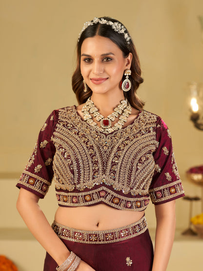 Wine Purple Designer Fendy Satin Saree with Heavy Embroidered Blouse & Zari Border | Premium Wedding & Festive Wear Saree