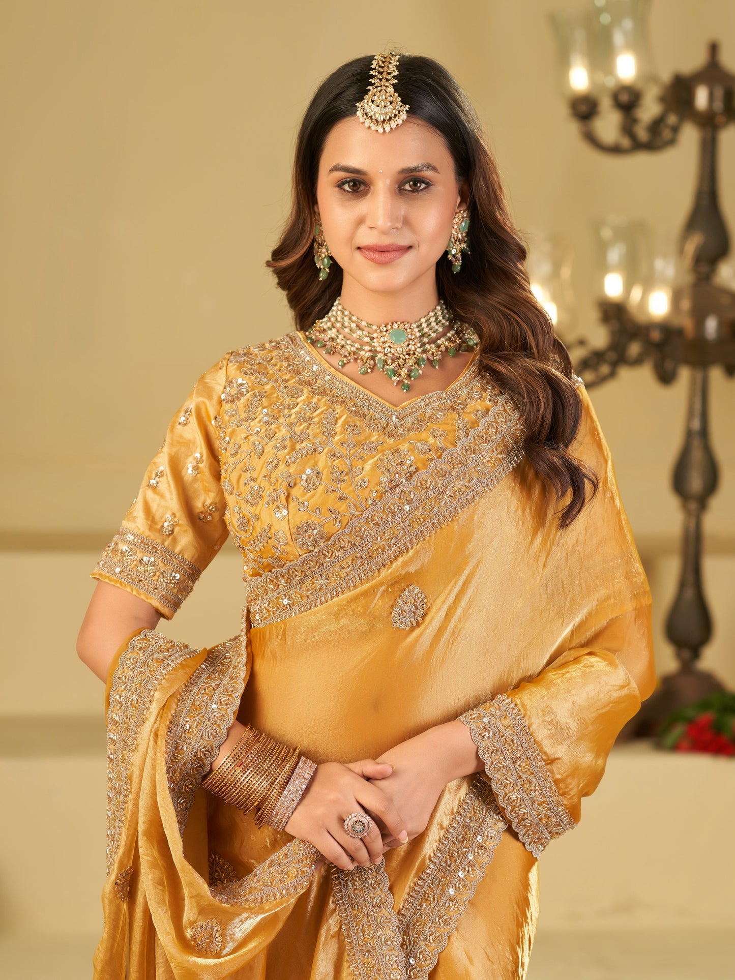 Mustard Yellow Designer Fendy Satin Saree with Heavy Embroidered Blouse & Sequin Border | Premium Festive Wedding Wear Saree