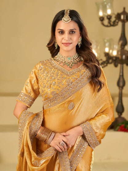 Mustard Yellow Designer Fendy Satin Saree with Heavy Embroidered Blouse & Sequin Border | Premium Festive Wedding Wear Saree