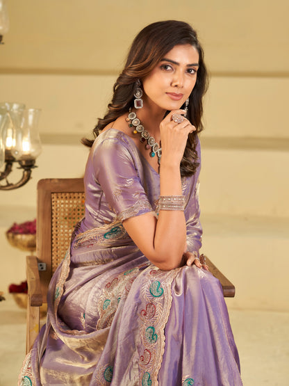 Lavender Designer Fendy Satin Saree with Multicolor Paisley Embroidery & Scalloped Embroidered Border | Elegant Festive Party Wear Saree