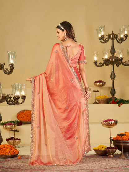 Peach Dual Tone Designer Fendy Satin Saree with Heavy Embroidered Blouse & Sequin Border | Premium Wedding Party Wear Saree
