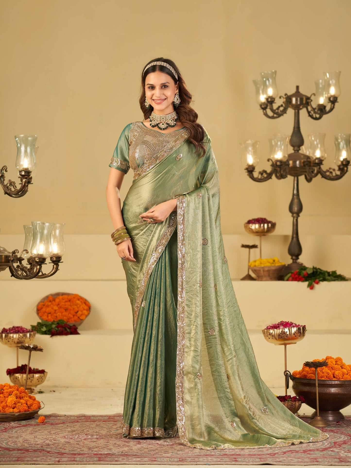 Sage Green Dual Tone Designer Fendy Satin Saree with Heavy Embroidered Blouse & Sequin Border | Premium Wedding Party Wear Saree