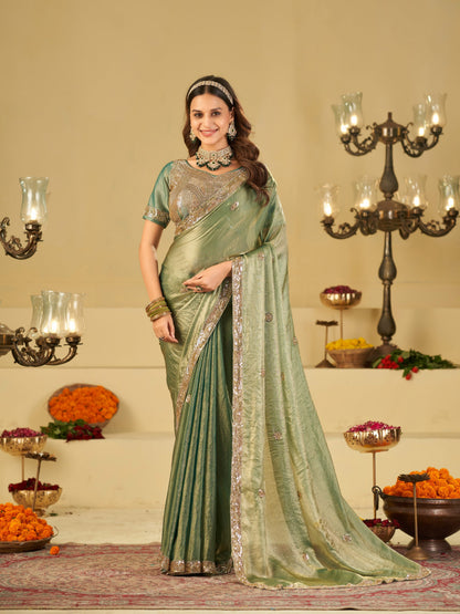 Sage Green Dual Tone Designer Fendy Satin Saree with Heavy Embroidered Blouse & Sequin Border | Premium Wedding Party Wear Saree