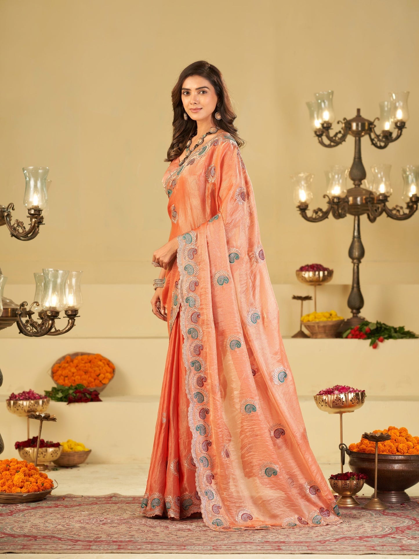 Peach Designer Fendy Satin Saree with Multicolor Paisley Embroidery & Scalloped Embroidered Border | Elegant Festive Party Wear Saree