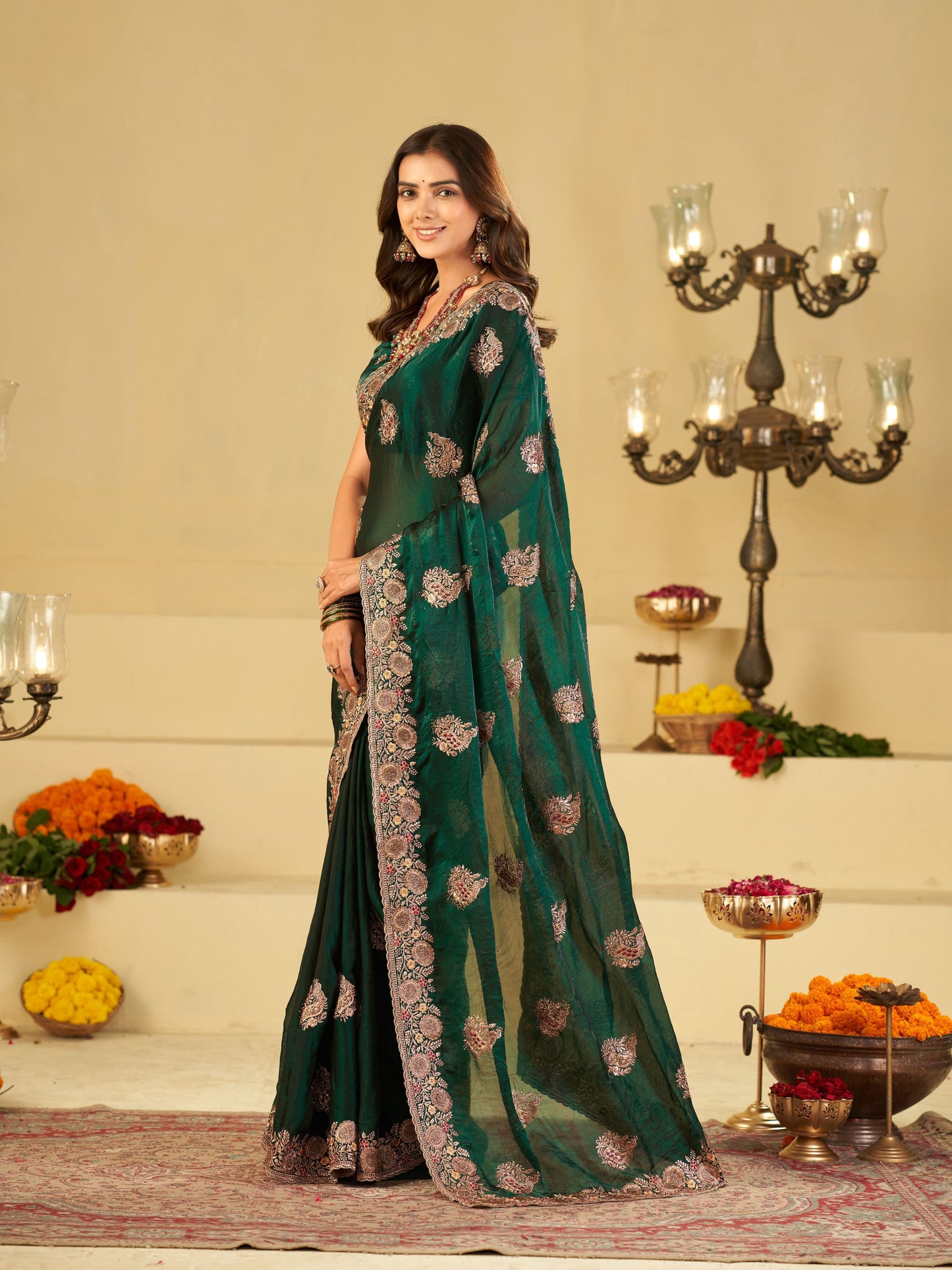 Emerald Green Designer Fendy Satin Saree with Heavy Floral Embroidery Work | Premium Wedding & Party Wear Embroidered Saree with Blouse