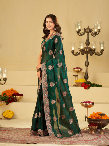 Emerald Green Designer Fendy Satin Saree with Heavy Floral Embroidery Work | Premium Wedding & Party Wear Embroidered Saree with Blouse