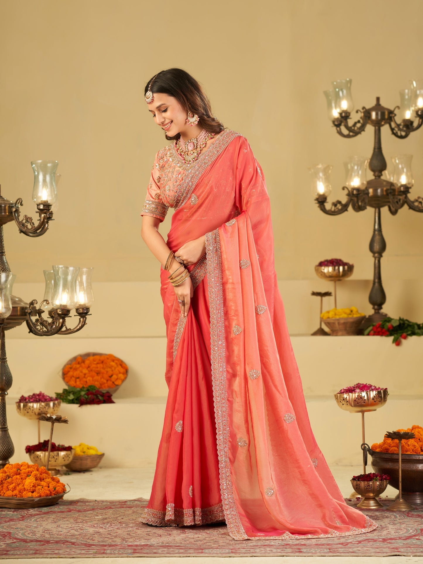 Coral Pink Designer Fendy Satin Saree with Heavy Embroidered Blouse & Sequin Border | Premium Wedding Party Wear Saree
