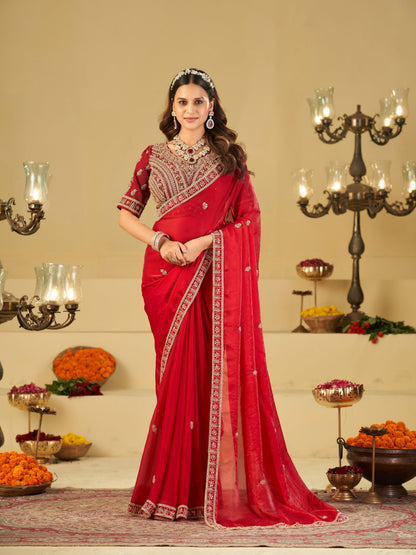 Ruby Red Designer Fendy Satin Saree with Heavy Embroidered Blouse & Zari Border | Premium Wedding & Festive Wear Saree