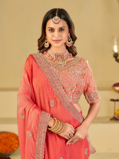 Coral Pink Designer Fendy Satin Saree with Heavy Embroidered Blouse & Sequin Border | Premium Wedding Party Wear Saree