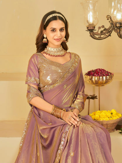 Lavender Dual Tone Designer Fendy Satin Saree with Heavy Embroidered Blouse & Sequin Border | Premium Wedding Party Wear Saree