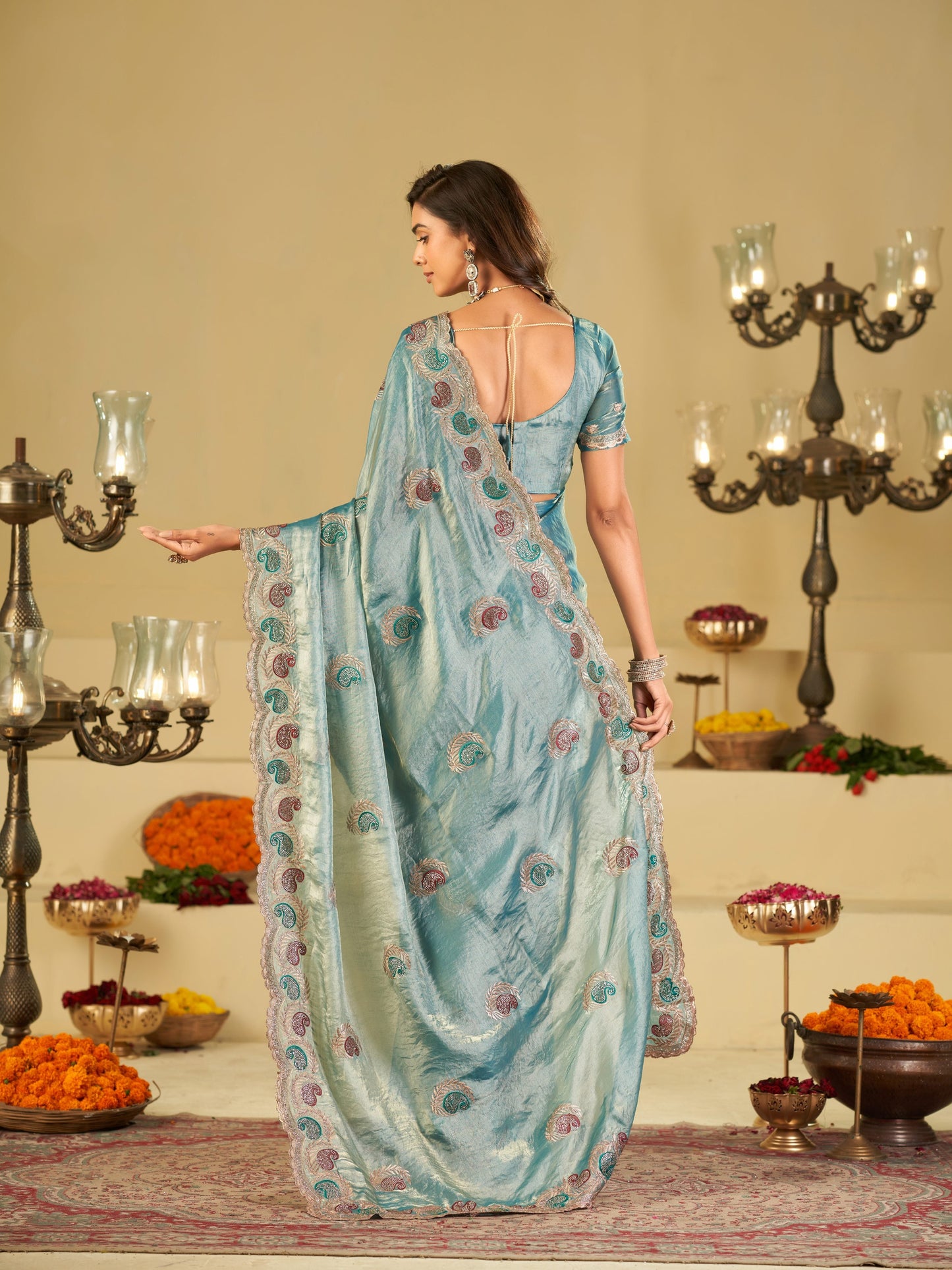 Sky Blue Designer Fendy Satin Saree with Paisley Embroidery & Heavy Embroidered Border | Premium Festive Party Wear Saree