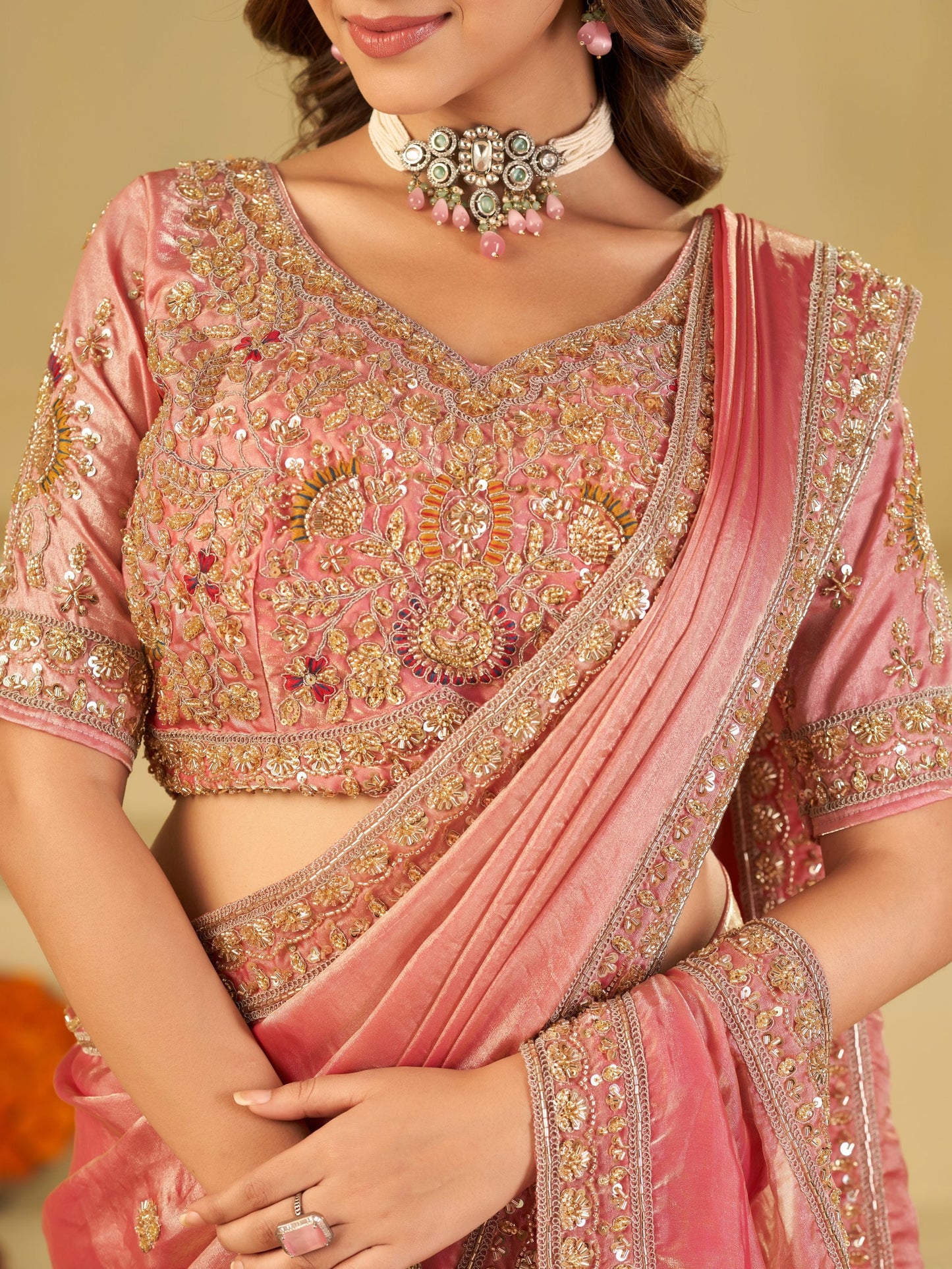 Baby Pink Designer Fendy Satin Saree with Heavy Embroidered Blouse & Zari Border | Premium Wedding Party Wear Saree
