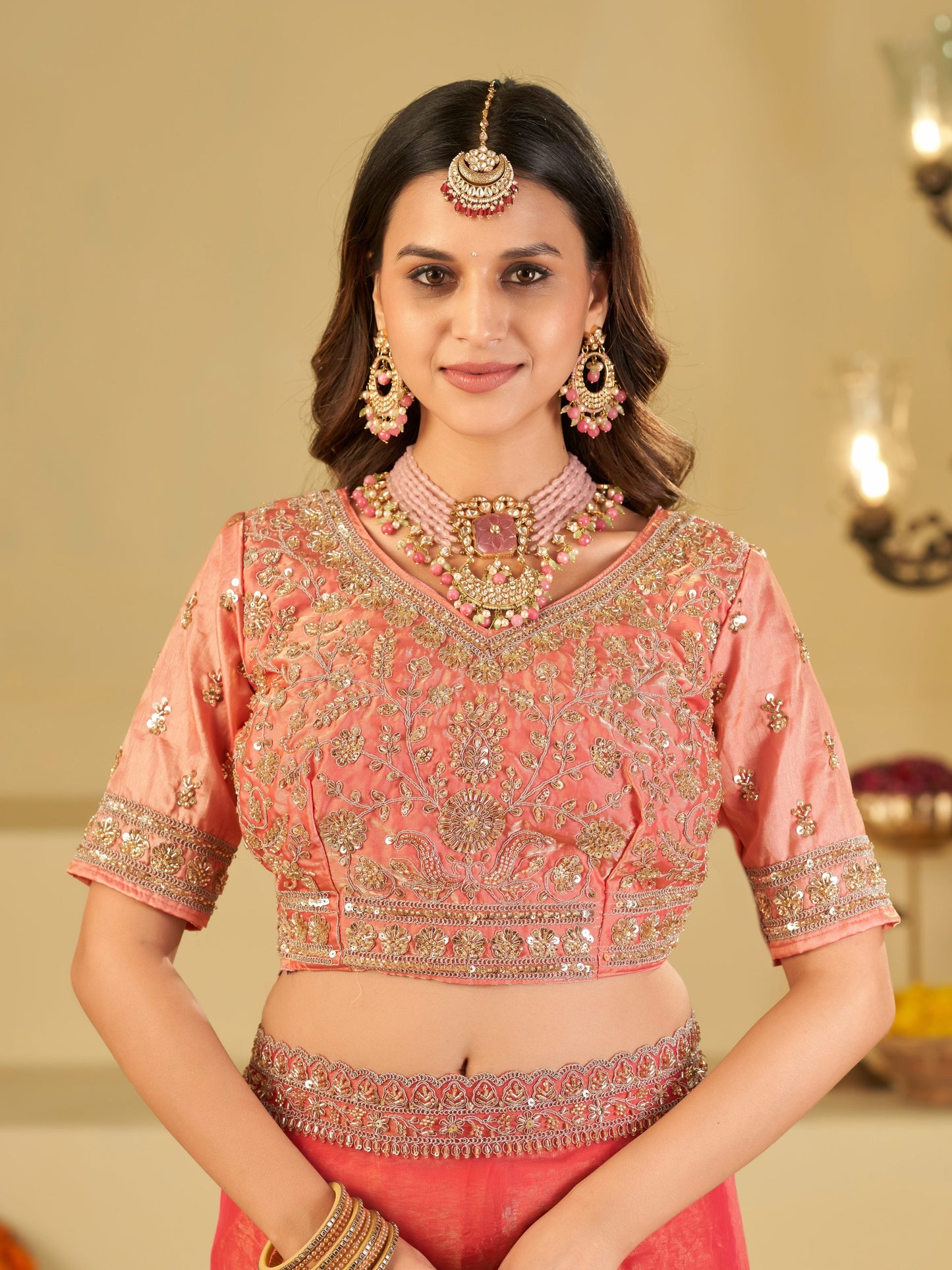 Coral Pink Designer Fendy Satin Saree with Heavy Embroidered Blouse & Sequin Border | Premium Wedding Party Wear Saree