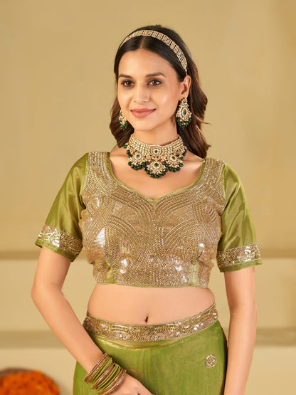 Pista Green Dual Tone Designer Fendy Satin Saree with Heavy Embroidered Blouse & Sequin Border | Premium Wedding Party Wear Saree