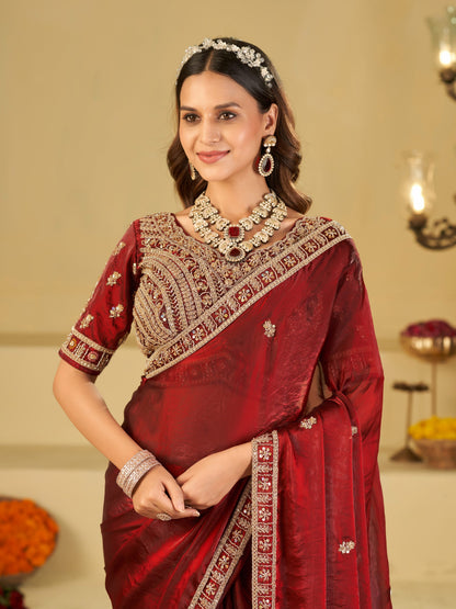 Wine Red Designer Fendy Satin Saree with Heavy Embroidered Blouse & Zari Border | Premium Wedding & Festive Wear Saree