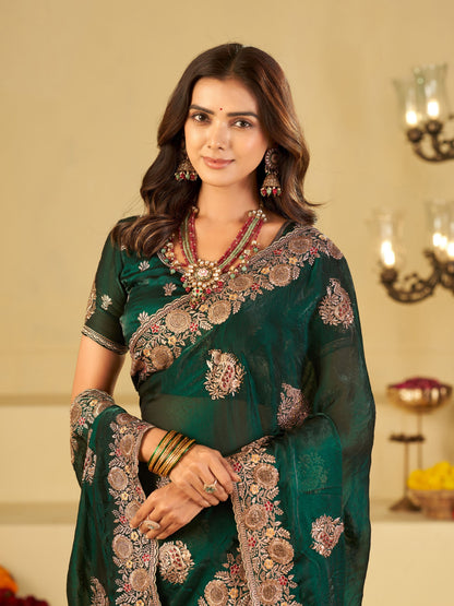 Emerald Green Designer Fendy Satin Saree with Heavy Floral Embroidery Work | Premium Wedding & Party Wear Embroidered Saree with Blouse