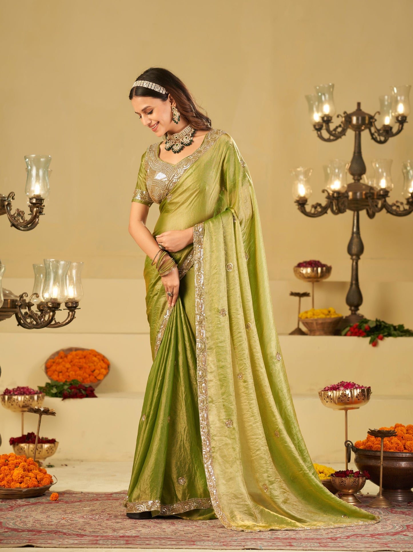 Pista Green Dual Tone Designer Fendy Satin Saree with Heavy Embroidered Blouse & Sequin Border | Premium Wedding Party Wear Saree