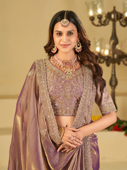 Lavender Purple Designer Fendy Satin Saree with Heavy Embroidered Blouse & Sequin Border | Premium Wedding Party Wear Saree