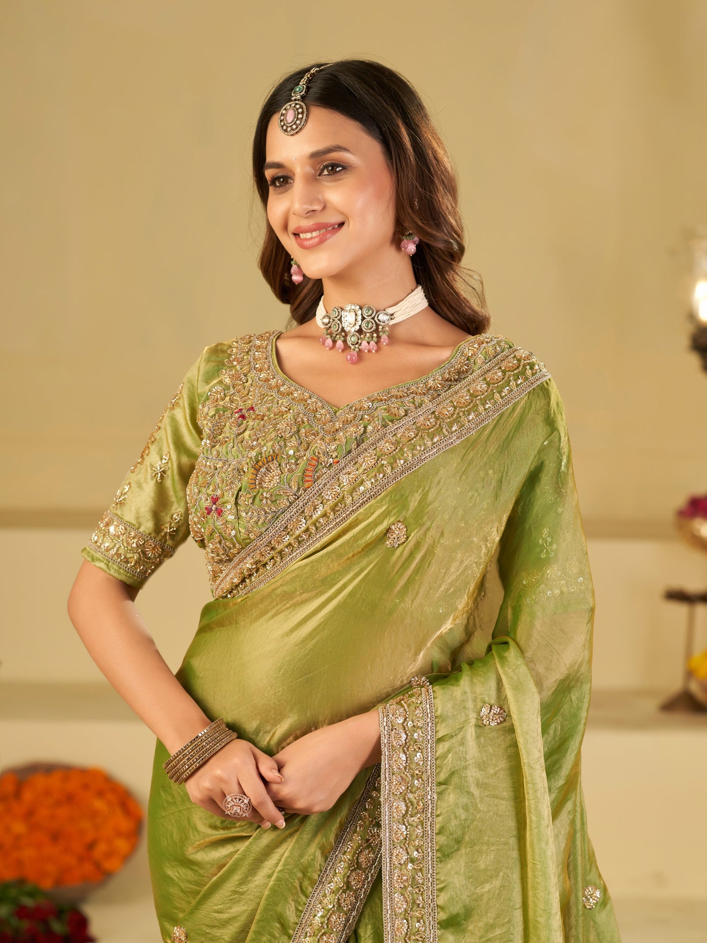 Pista Green Designer Fendy Satin Saree with Heavy Embroidered Blouse & Zari Border | Premium Wedding Party Wear Saree