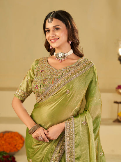 Pista Green Designer Fendy Satin Saree with Heavy Embroidered Blouse & Zari Border | Premium Wedding Party Wear Saree
