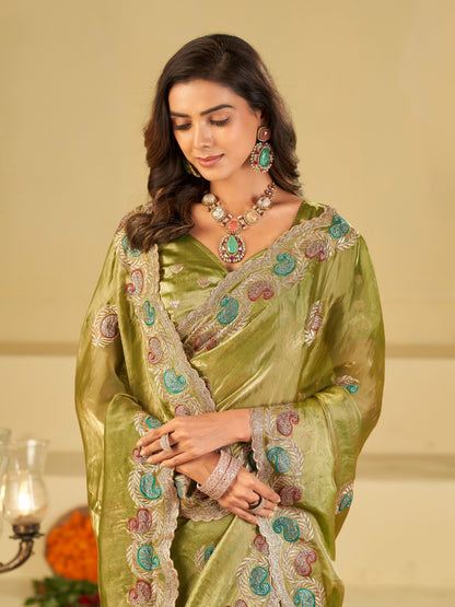 Olive Green Designer Fendy Satin Saree with Multicolor Paisley Embroidery & Scalloped Embroidered Border | Elegant Festive Party Wear Saree