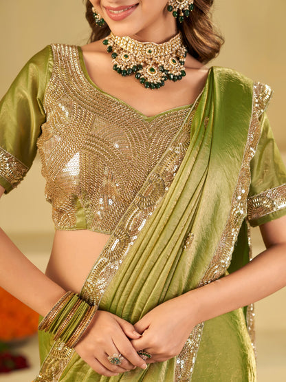 Pista Green Dual Tone Designer Fendy Satin Saree with Heavy Embroidered Blouse & Sequin Border | Premium Wedding Party Wear Saree