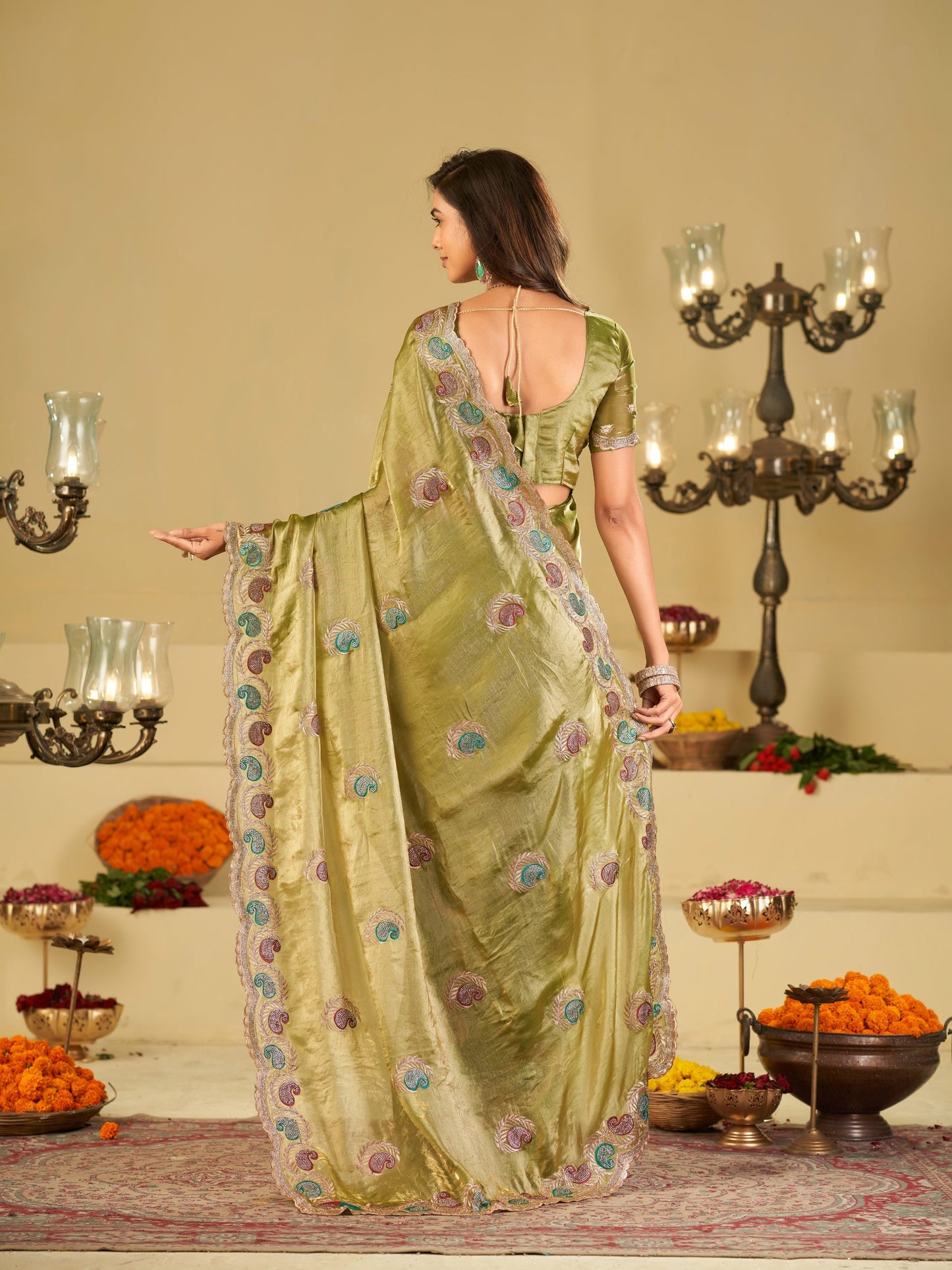 Olive Green Designer Fendy Satin Saree with Multicolor Paisley Embroidery & Scalloped Embroidered Border | Elegant Festive Party Wear Saree