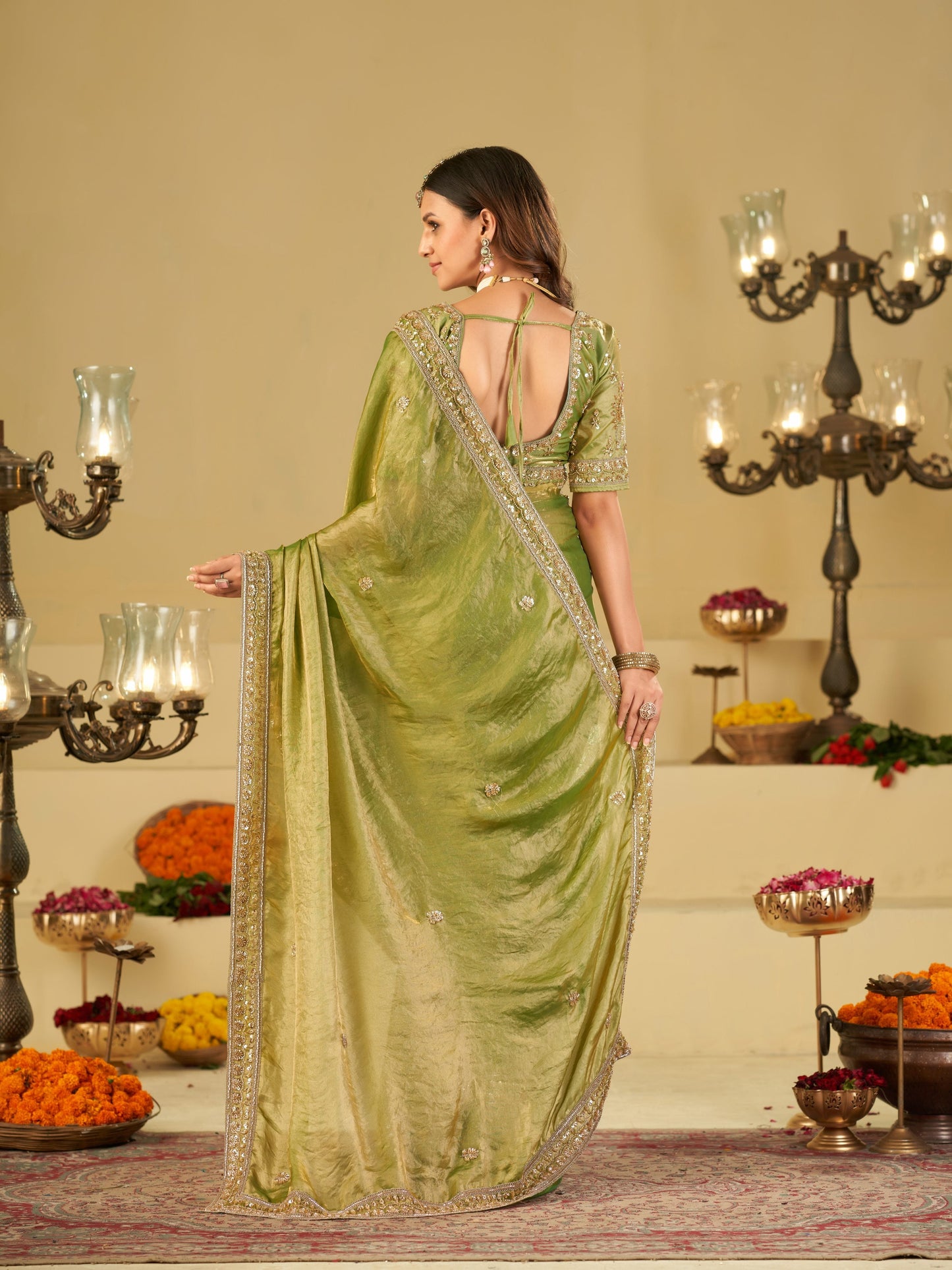 Pista Green Designer Fendy Satin Saree with Heavy Embroidered Blouse & Zari Border | Premium Wedding Party Wear Saree
