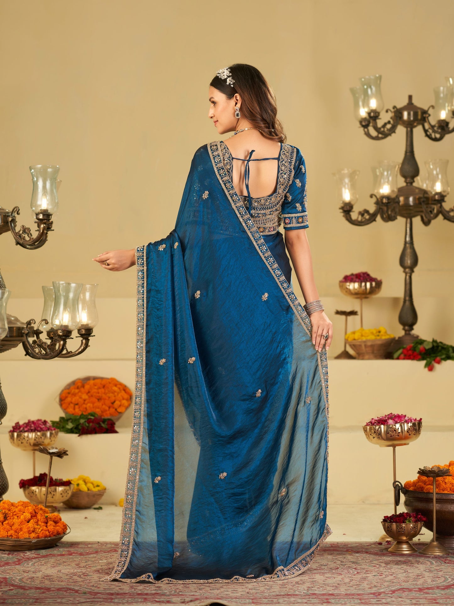 Royal Blue Designer Fendy Satin Saree with Heavy Embroidered Blouse & Zari Border | Premium Wedding & Festive Wear Saree