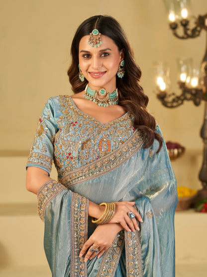 Sky Blue Designer Fendy Satin Saree with Heavy Embroidered Blouse & Stone Work Border | Premium Wedding Party Wear Saree